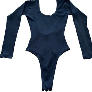 Blue Ribbed Knit Longsleeve Scoop Neck Backless String Bodysuit by Liza Bruce